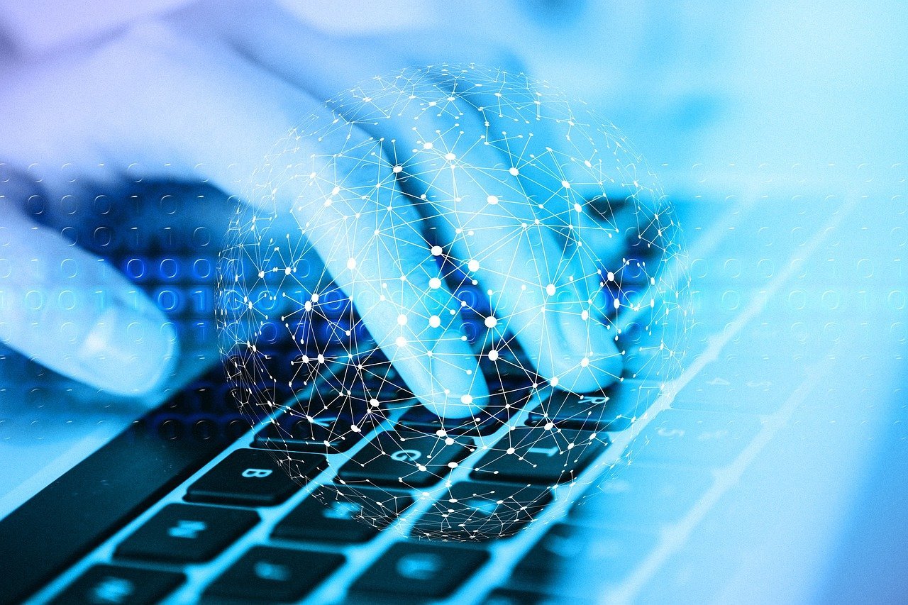 Globe with blockchain network and regulatory symbols