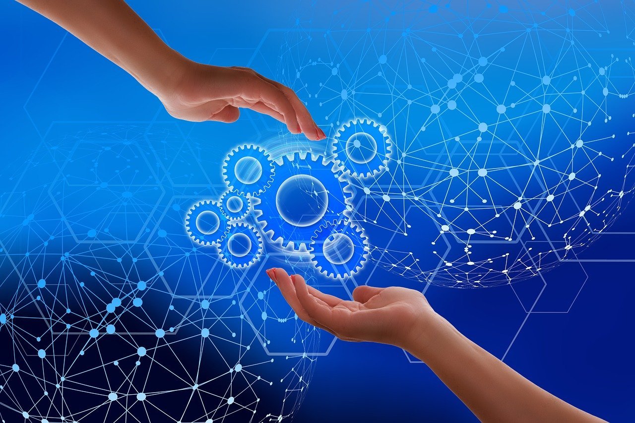 Digital representation of a blockchain network with interconnected nodes and data blocks.