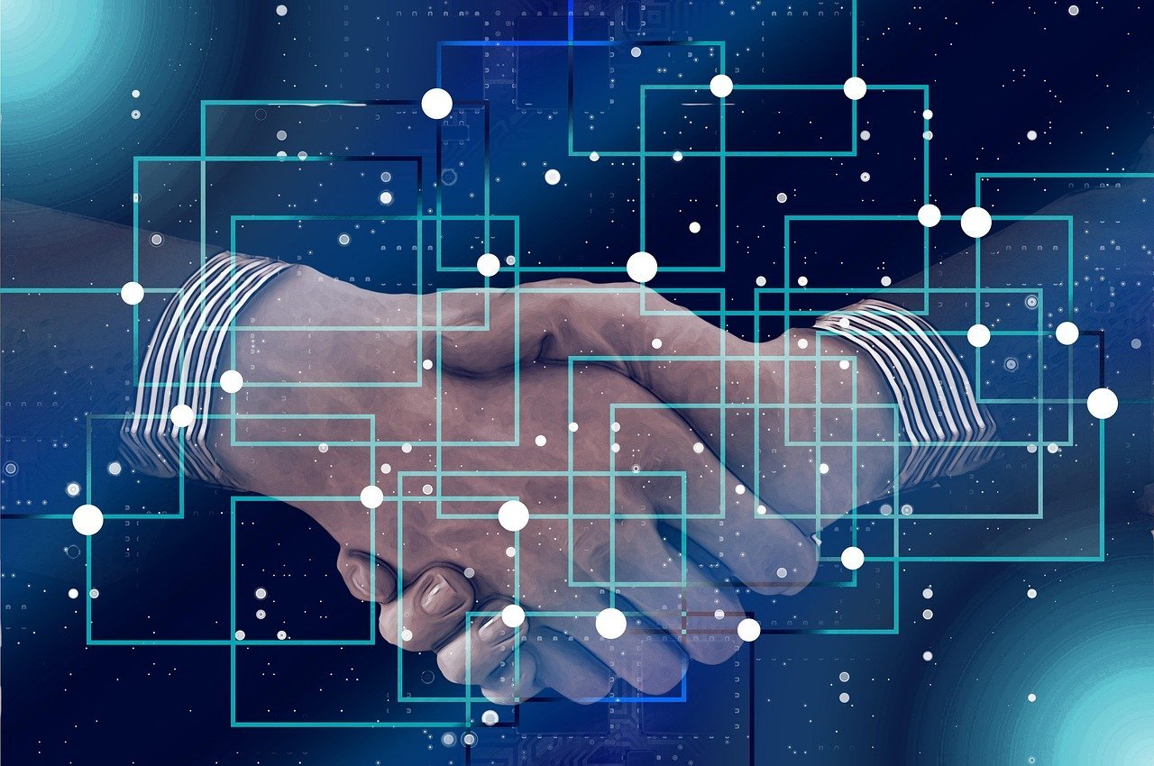 Illustration of a sustainable and scalable blockchain future with green energy motifs.