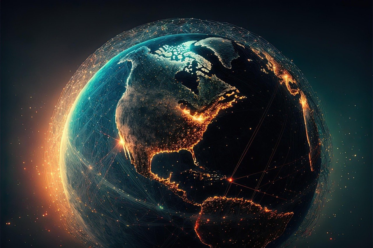Illustration of a decentralized blockchain network with interconnected nodes